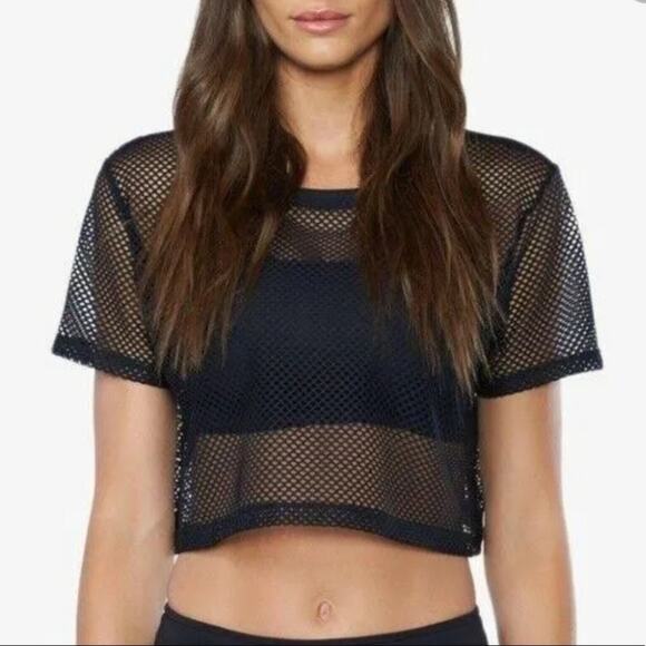 Koral Reggae Black Net Back Gray & White Stripe CrewNeck Crop Top Size Small NWT